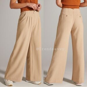 Anthropologie Maeve Pleated Wide Leg Trousers Beige High Rise Pants Size 14 NWT
